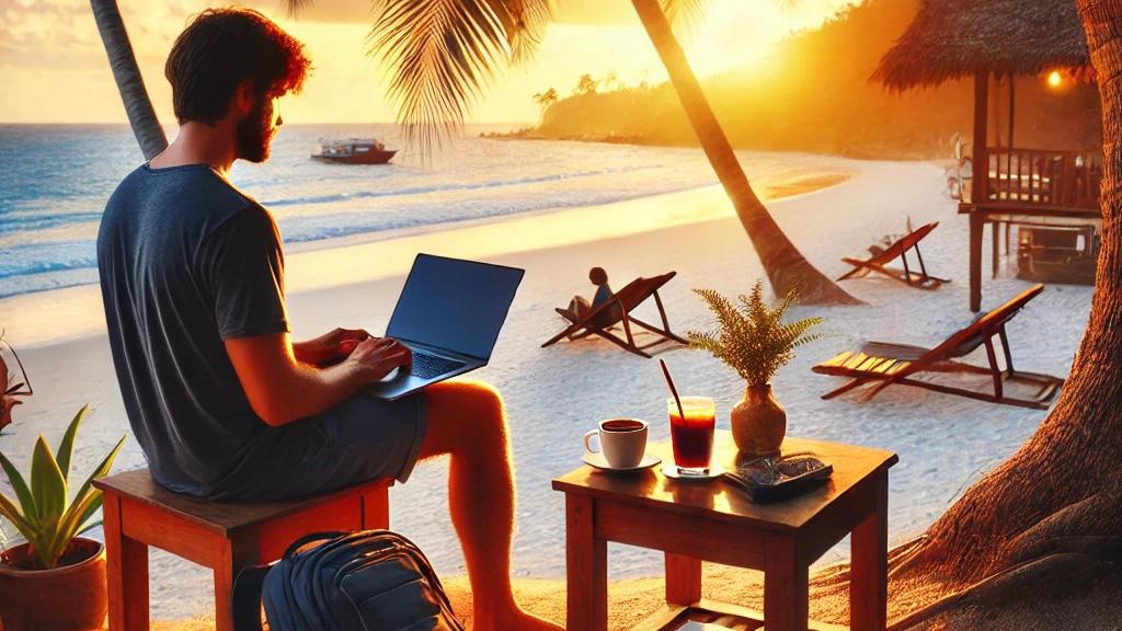Internationale Krankenversicherung Preis : Digitaler Nomade arbeitet am Laptop an einem Strand bei Sonnenuntergang