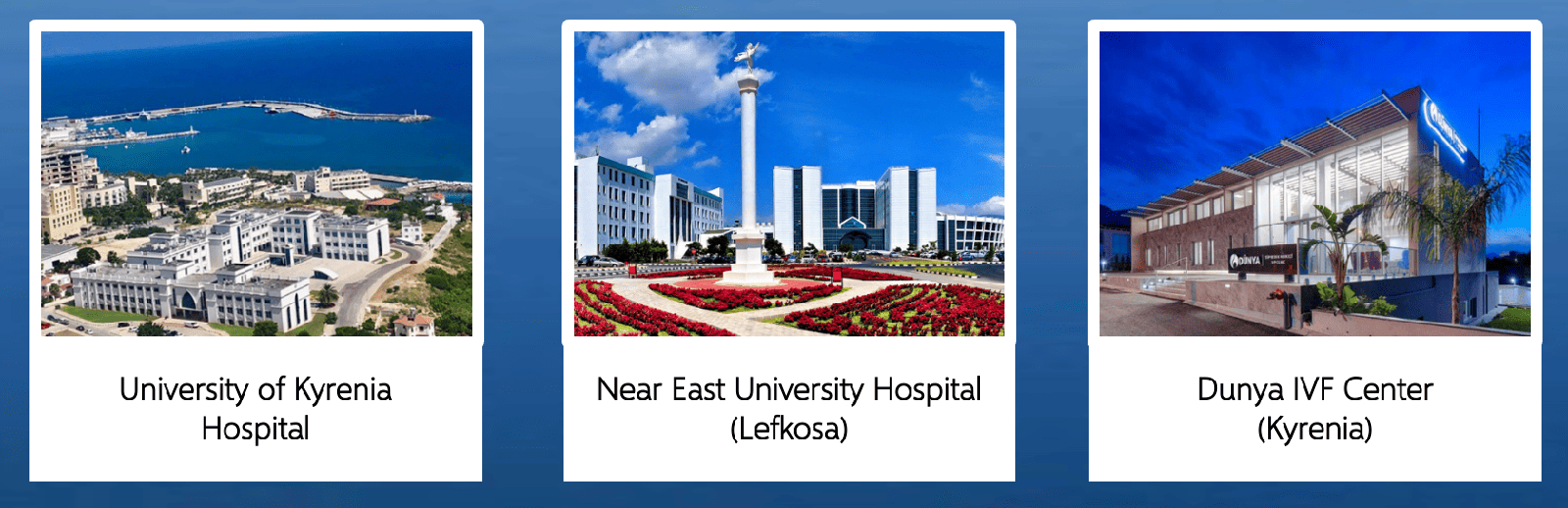 Überblick über moderne Kliniken in Nordzypern mit dem University of Kyrenia Hospital, dem Near East University Hospital in Lefkosa und dem Dunya IVF Center in Kyrenia
